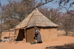 Woman repairing hut